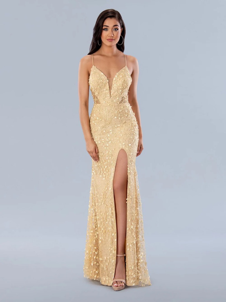 Gold Sequin Plunge V-Neck Spaghetti-Strap Prom Dress With High Slit